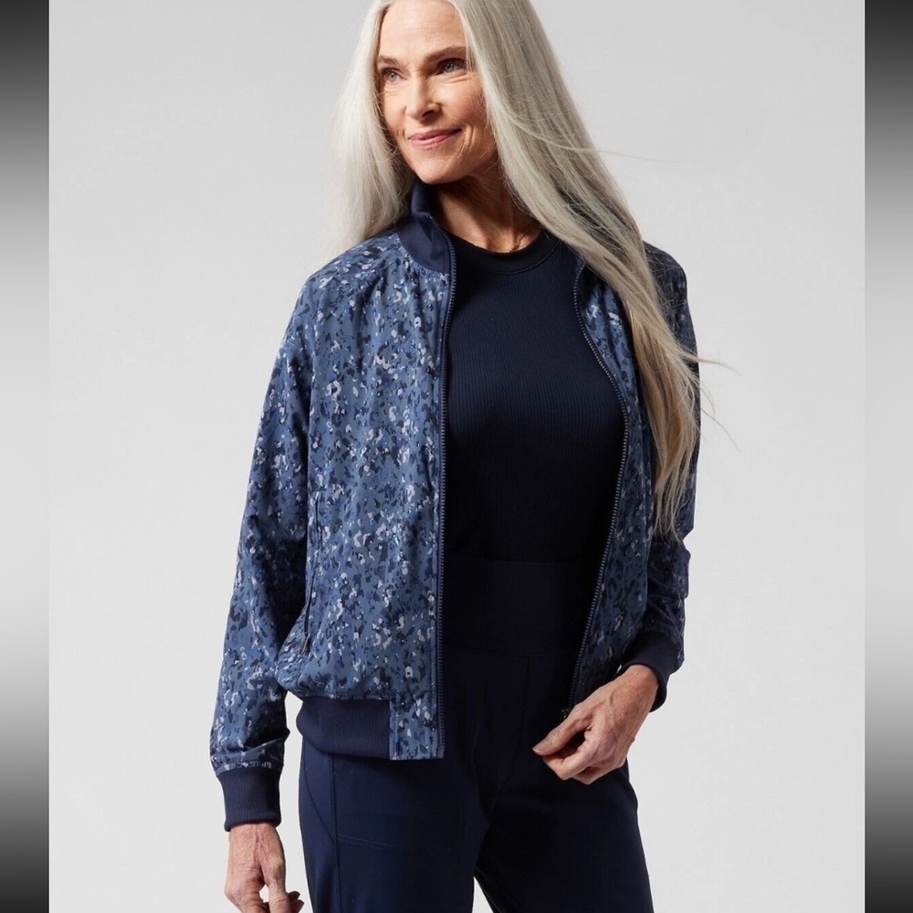 ATHLETA Brooklyn Track Bomber Jacket II Navy Blue Camo Design Medium Tall